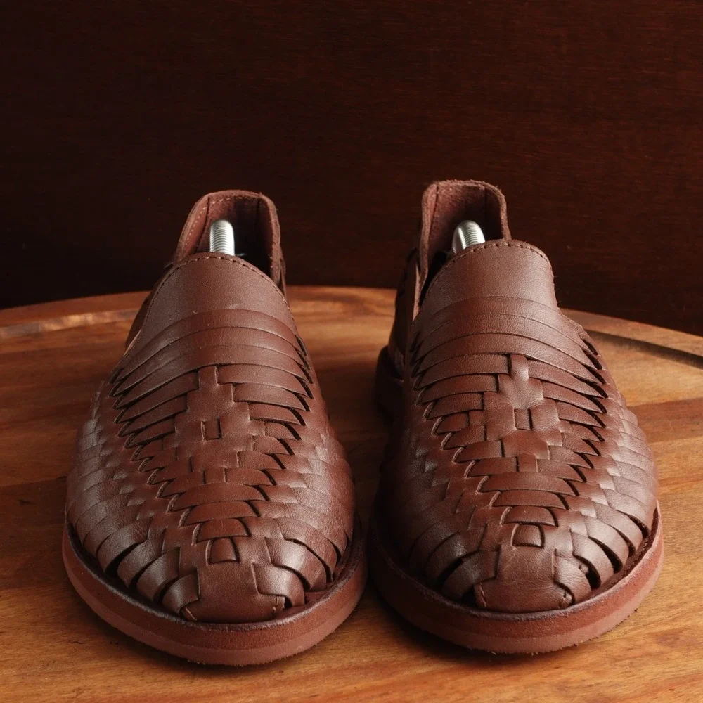 Woven Leather Espadrille Flats in Brown